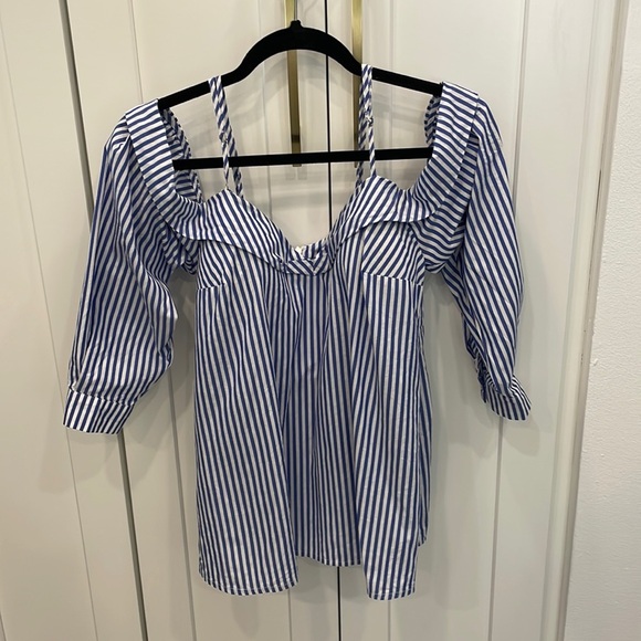 Revolve Brand Bardot Blue and White Striped Top - Picture 3 of 16